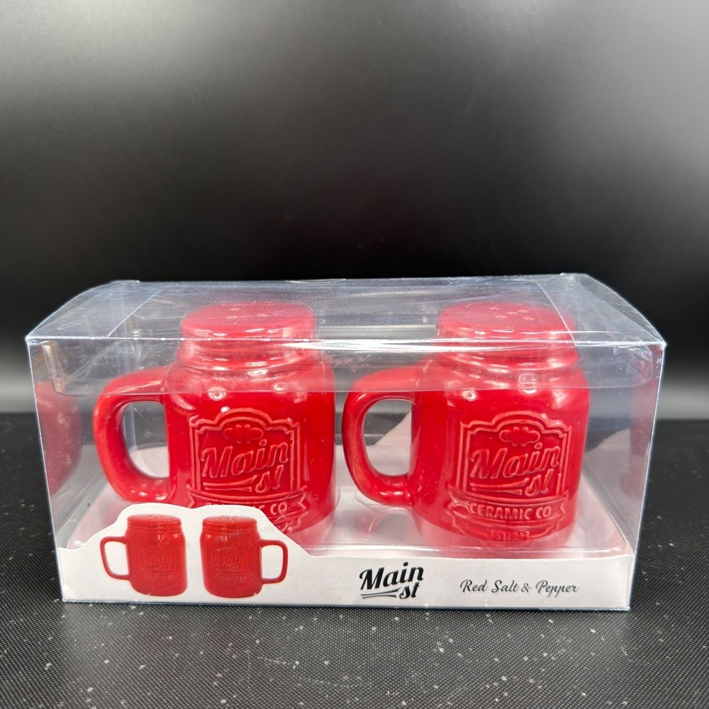 American Atelier Main St Ceramic Co Red Mason Jar Mug Salt and Pepper Shaker Set - Picture 4 of 11